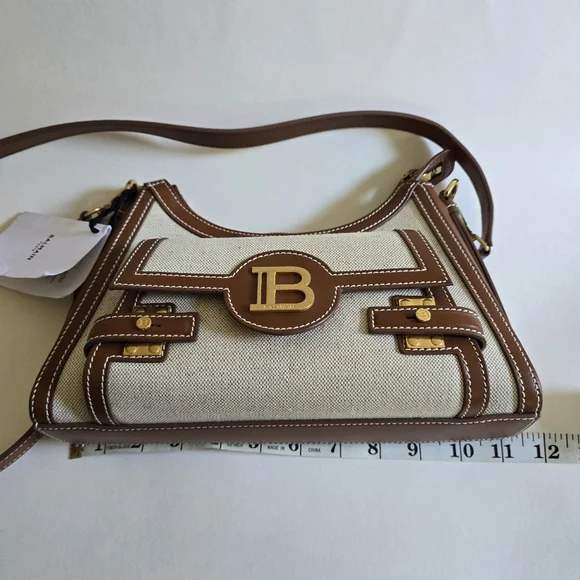 Balmain  B-Buzz Canvas & Leather Shoulder Bag Natural / Camel - Picture 12 of 14